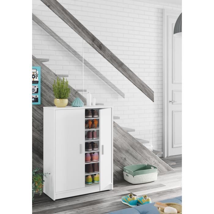 Meuble à chaussures armoire BASIC - 2 portes + 6 étagères - Mélaminé blanc - 30 paires - L75 x P36 x H101 cm