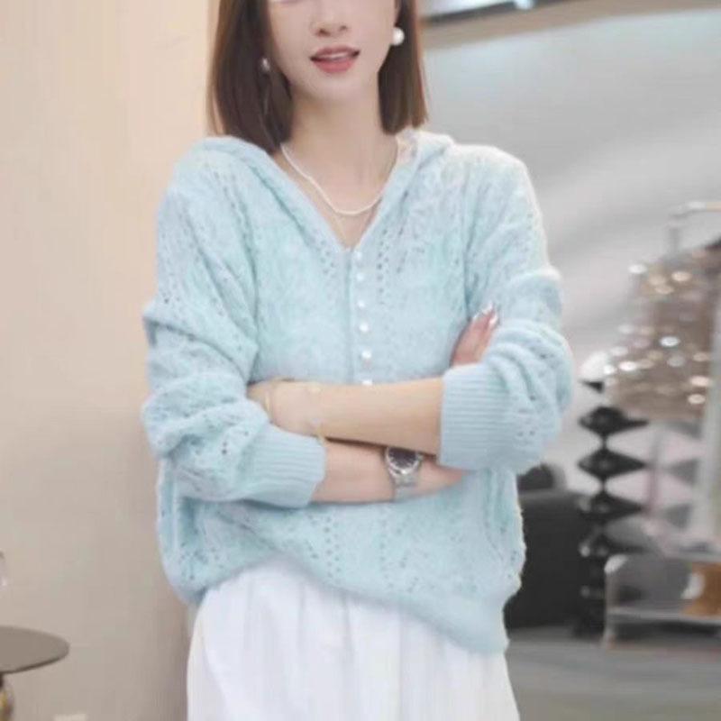 

Вязаный свитер с капюшоном крючком, женский осенний новый тонкий свитер, ленивый стиль, топ с длинными рукавами One size синий