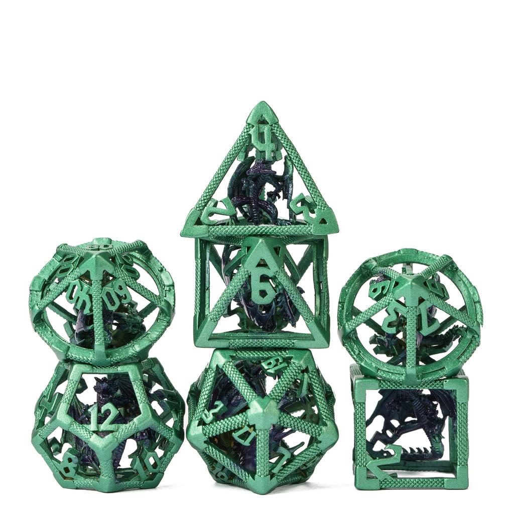 Cusdie Dračí duté kovové DND kostky 7 ks D4-D20 Polyedrická sada kostek se železnou krabičkou pro RPG hru Pathfinder Stolní hry