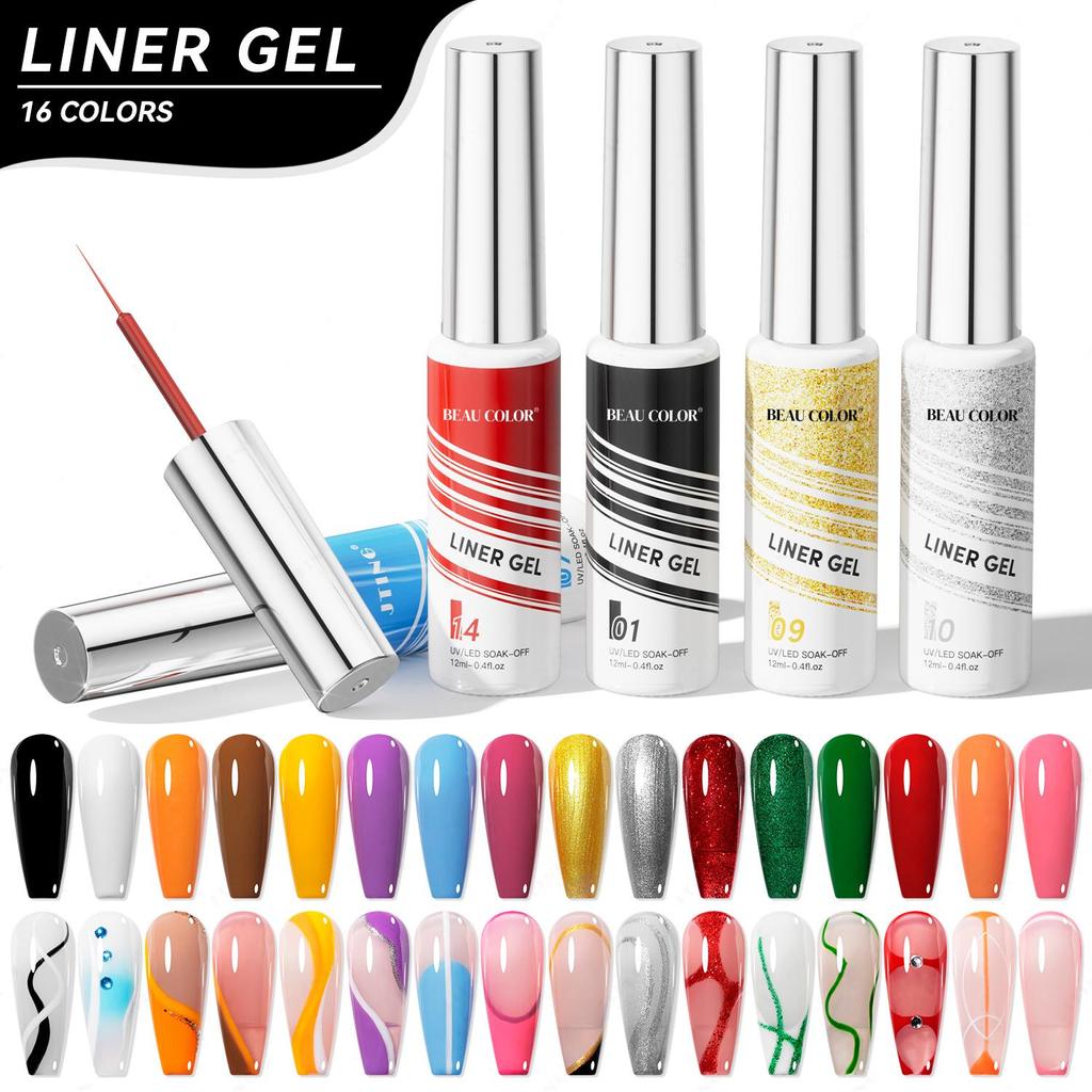 BEAU COLOR 1pcs 12ml 16colors Painting Liner Gel Polish Collection Semi-permanent Nail Art UV/LED Gel Polish