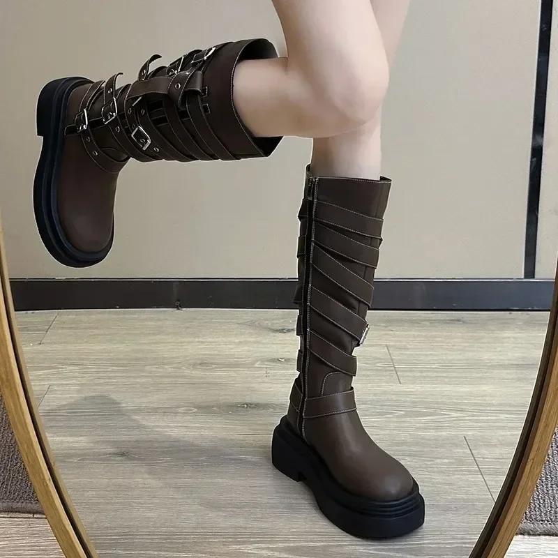 2024 Shoes for Women Side Zipper Women's Boots Winter Round Toe Solid High Tube Platform Chunky Heels Knight Boots
