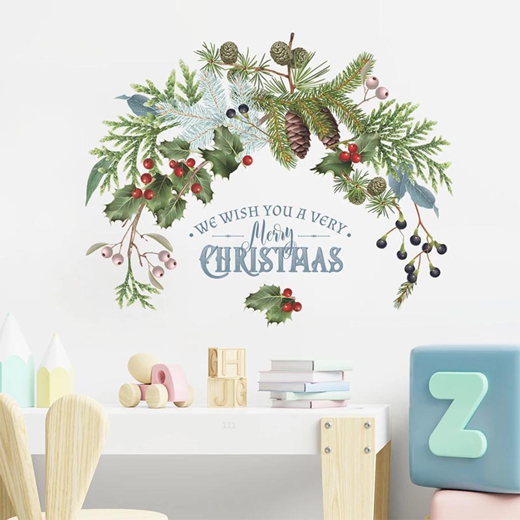 Merry Christmas Wall Stickers Pine Cones Branches Berries Green Plants Window Clings Glass Door Mural Posters Xmas Decor