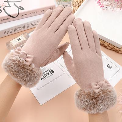 Damen Winter Warmhalten Touchscreen Plus Kaschmir Verdicken Handschuhe Radfahren Fahren Elegant Schleife Plüsch Handgelenk Rutschfest Winddicht