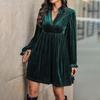Herbst Neuer Stil Elegantes Retro-Stil Damen Locker Tiefes V-Ausschnitt Samt Unifarbenes Kleid