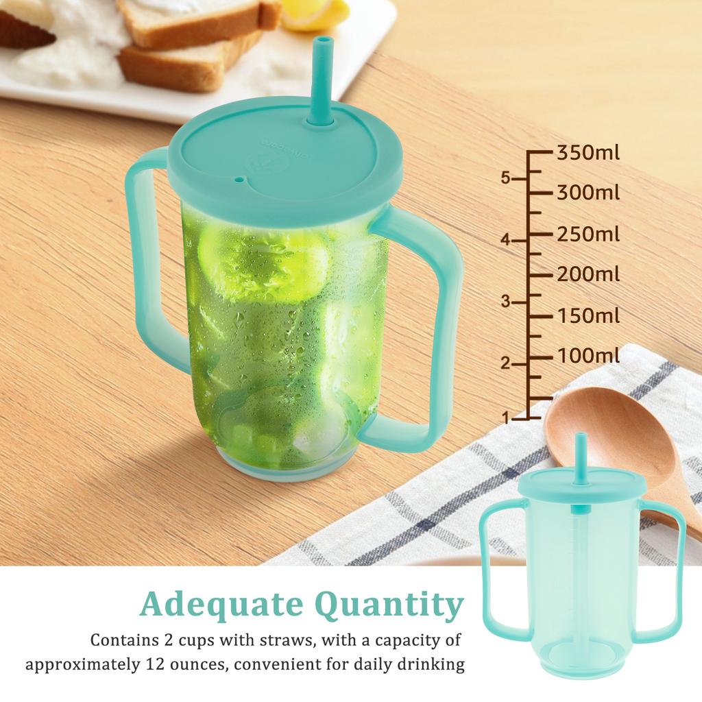 2Pcs Adult Sippy Cup 12 OZ Plastic Elderly Spill Proof Cup with 2 Handle and Reusable Straw for Home Kitchen Seniors Liquids
