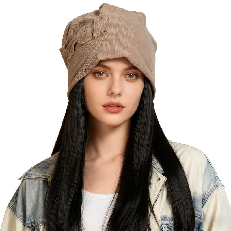 LUCK Beanie Wig Combo Long Straight Hair Gray Street Style Warm Winter Hat Women