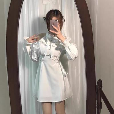 French Rich Daughter White Dress Autumn New Niche Design Off-the-shoulder Neck Waist Skirt