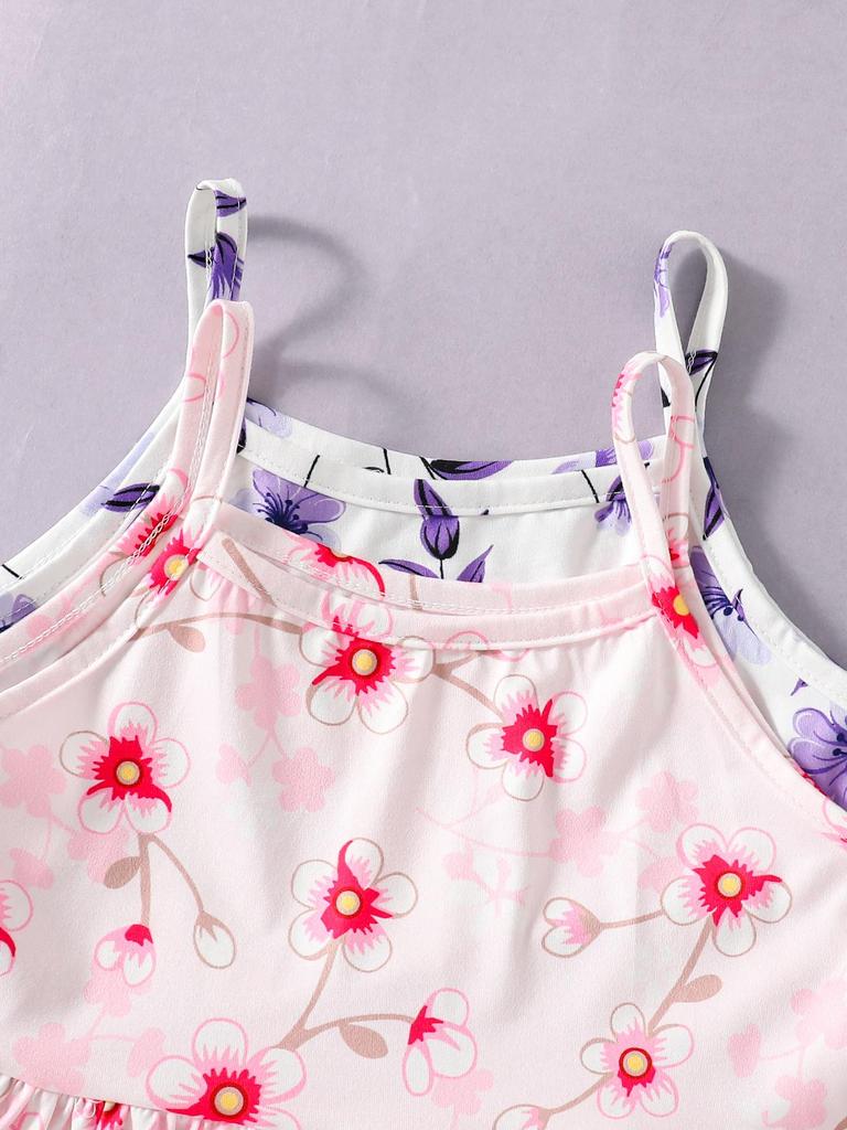 2-Piece Set: Girls' Casual/Preppy/Vacation Style Camisole Dress with All-Over Botanical Floral Print (Spring/Summer)
