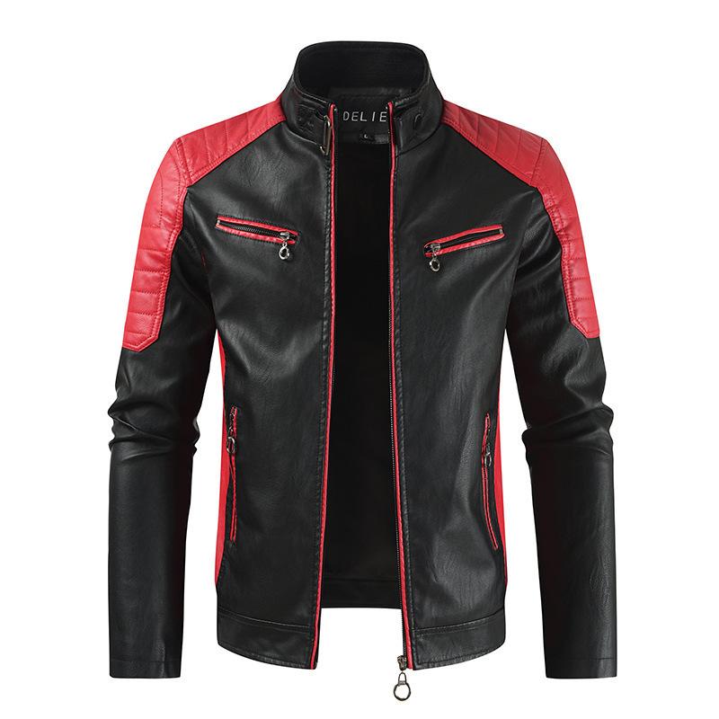 Leather Jacket Men's Stand Collar Color Block Slim Fit Zipper Cardigan Fashion Casual Leather Jacket