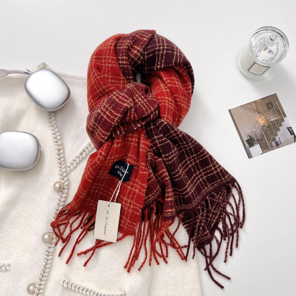 White Retro Double-Sided Plaid Corrugated Scarf Women'S Autumn And Winter Thickened Warm Atmosphere Scarf