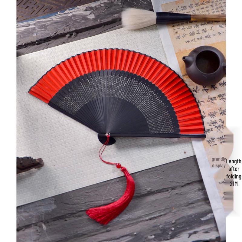 Red Ancient Style Chinese Folding Dance Fan - Easy To Open & Close, Perfect for Hanfu, Cheongsam, and Runway Shows