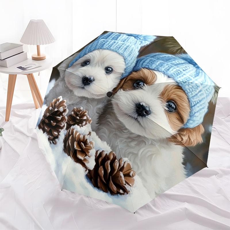 1 Stück Automatischer Faltregenschirm - Süßes Hundemuster, Tragbares & Faltbares Design mit 8 Speichen, Weihnachts- und Geburtstagsgeschenke