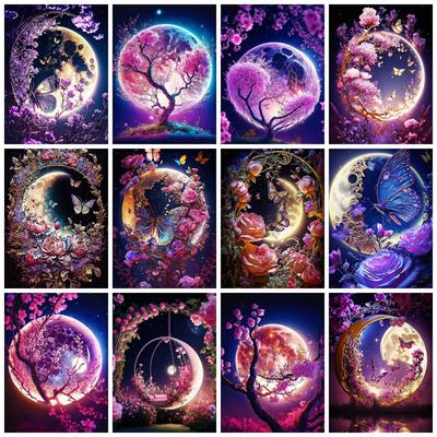 Full Square Round Diamond Painting New Moon Flower Decor Home Embroidery Mosaic Fantasy Butterfly Landscape Home Decor