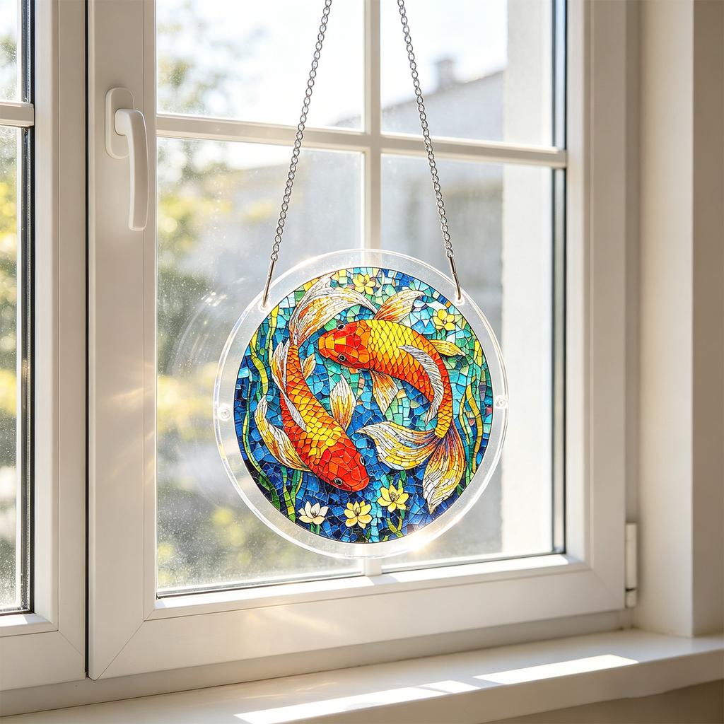 Acrylic Jigsaw Puzzle Suncatcher Window Hanging Ornament with Swan and Water Lily Print for Home and Office Decoration