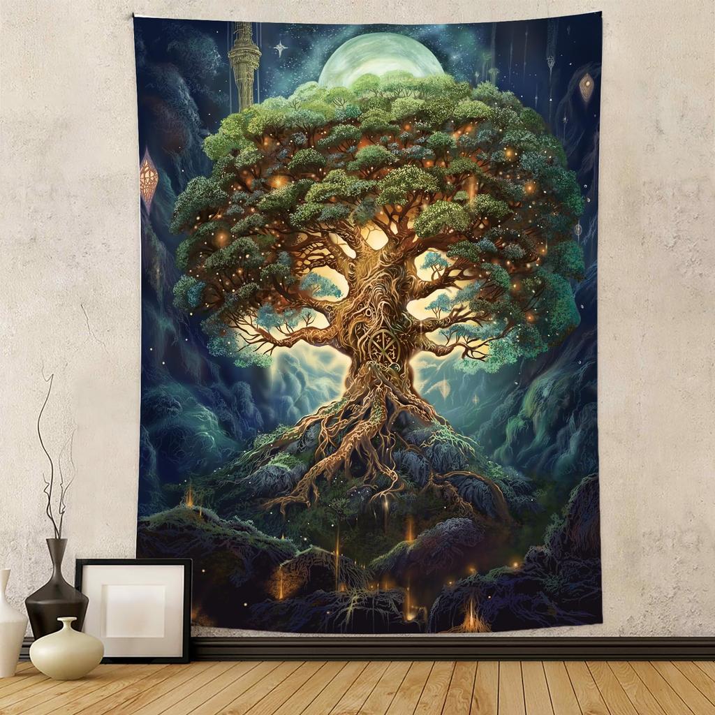Tapzen Tree Of Life Tapestry For Bedroom - Moon Star Galaxy Forest Nature Wall Hanging - Boho Plant Vertical Decor For Living