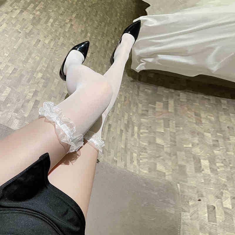 Women's Lace Trim Over-the-Knee Black Stockings with Butterfly Design