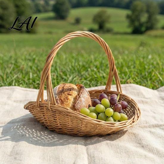 Large Decorative Fruit Holder Willow Storage Basket with Reinforced Handle Capacity Hand-Woven Eco-Friendly Wicker Bin Rustic Organizer Reusable