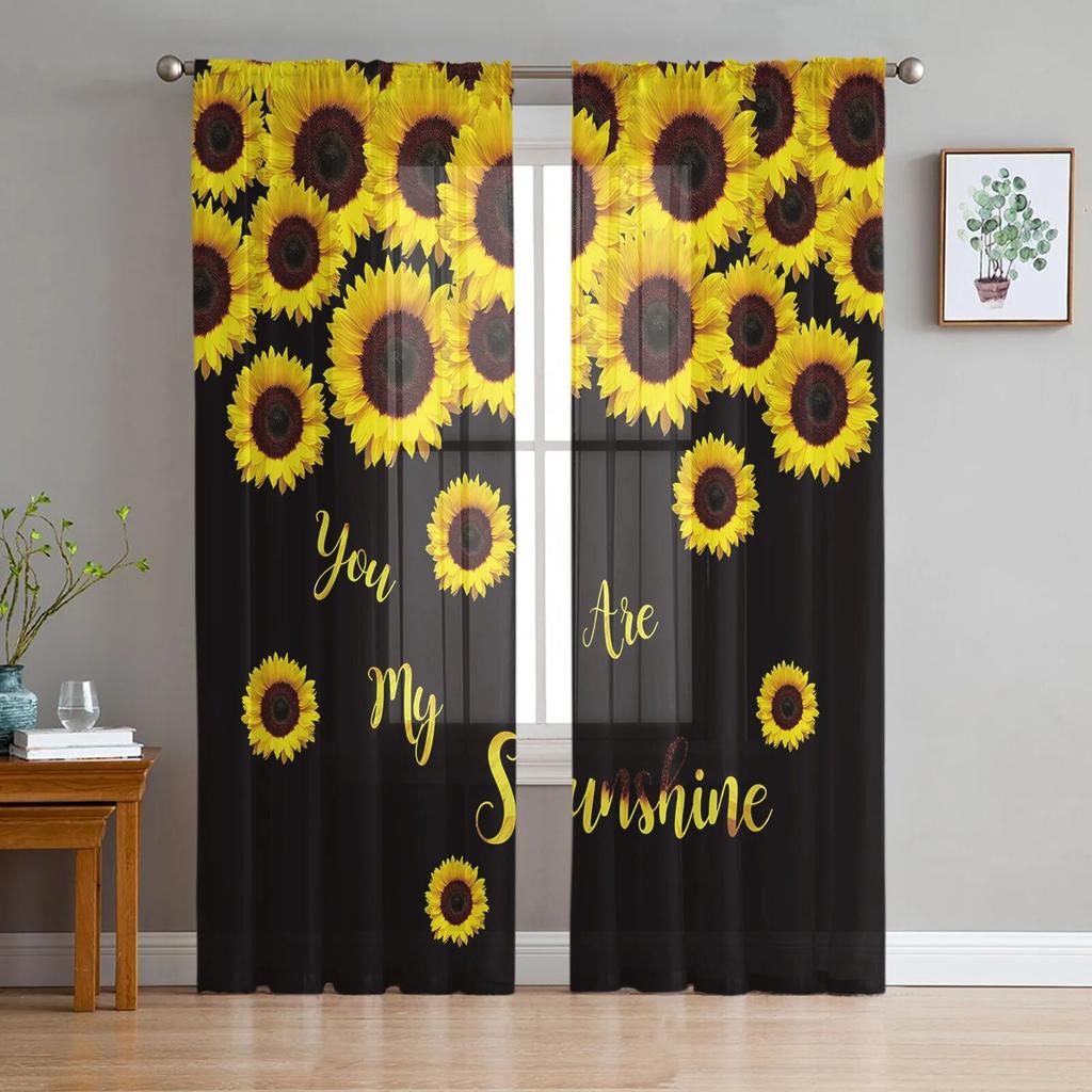 Sunflower Black Background Tulle Curtains Living Room Kitchen Chiffon Curtain Bedroom Balcony Sheer Curtain Fashion Home Decor
