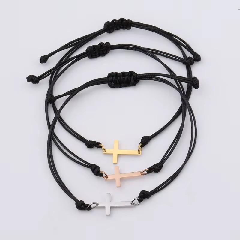 10pcs Handmade Stainless Steel Cross Charm Bracelet Men Braid Adjustable Lucky String Bracelets for Women Jewelry Gift