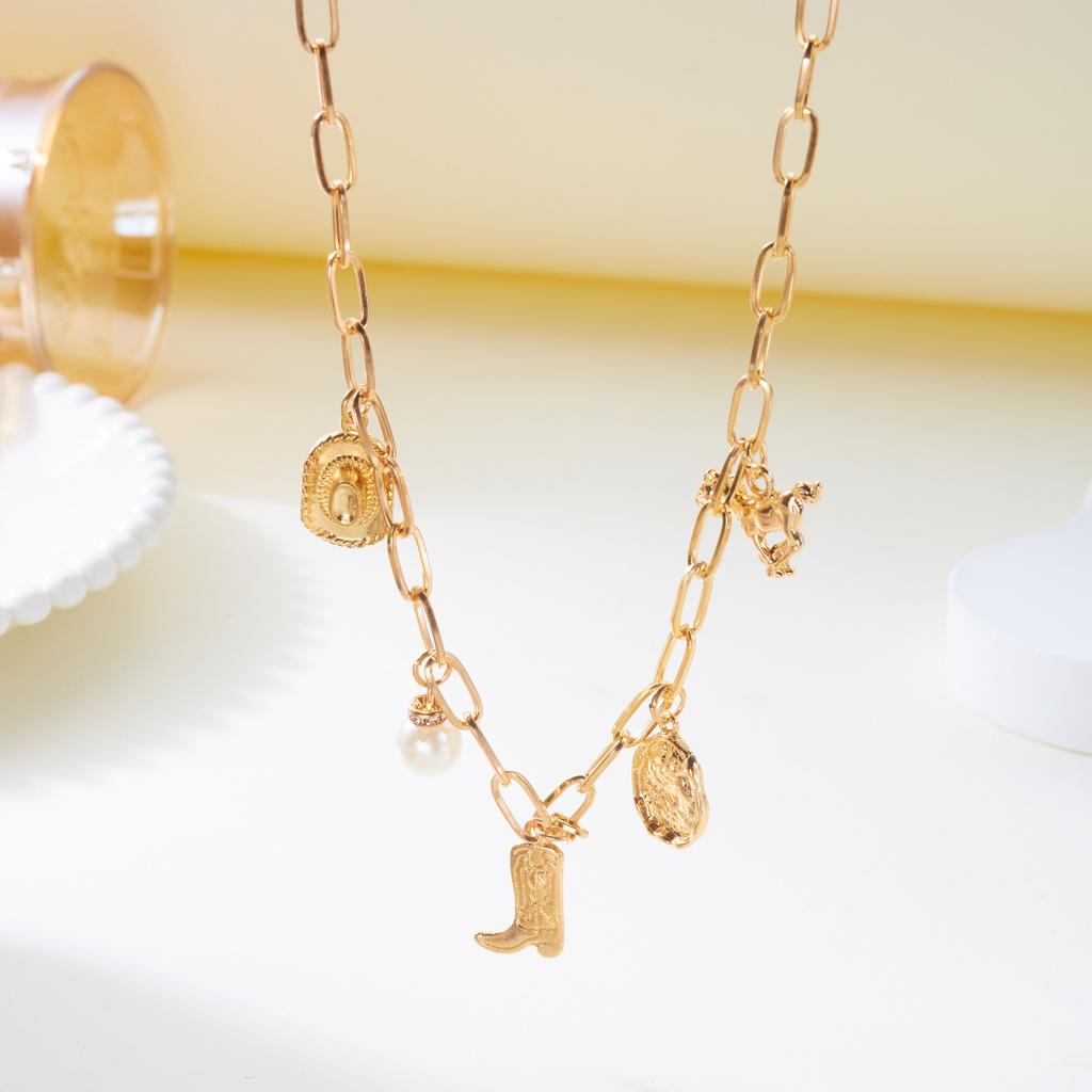 Gold Vintage Bohemian West Cowboy Hat Boots Pendant Necklace Bracelet