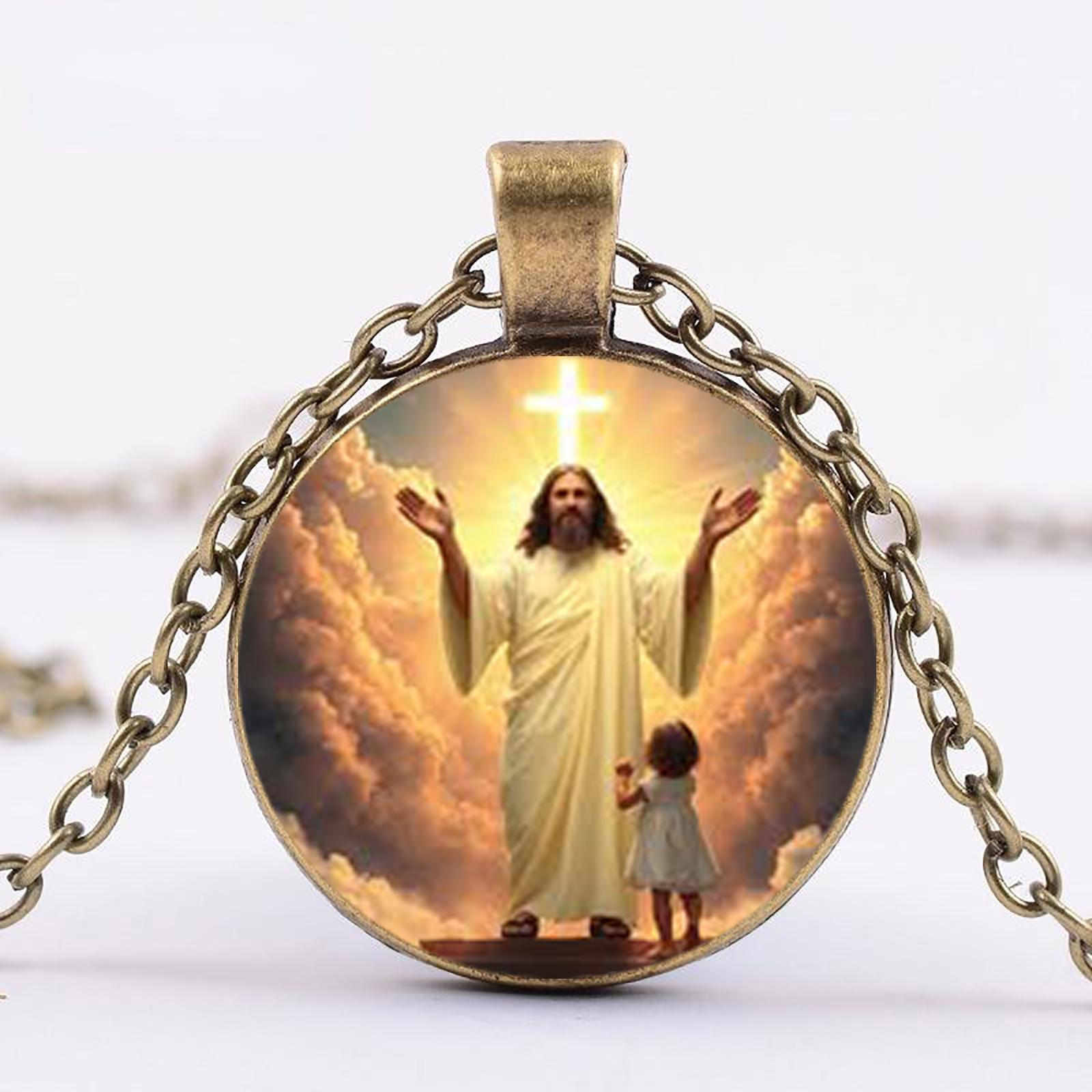Христианское стеклянное ожерелье-подвеска с Иисусом, с винтажным крестом и изображением Иисуса и младенца Христа, подходит для повседневной носки.