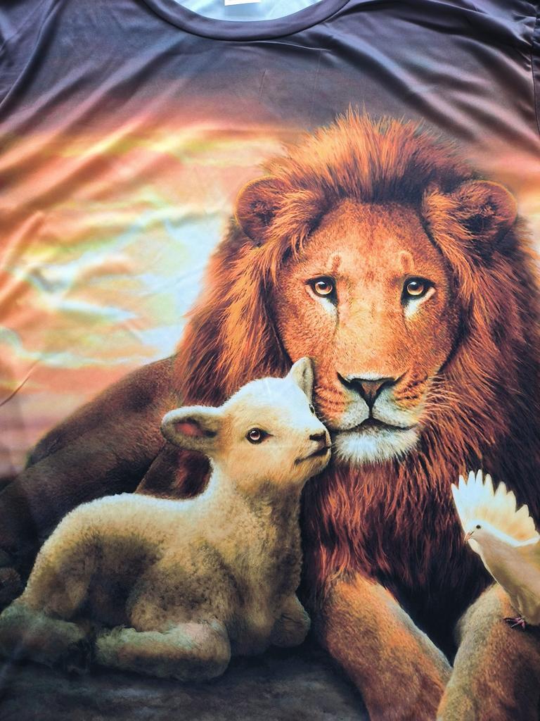 Men's Lion Lamb Peace Dove Print T-Shirt Sunset Wildlife Religious Symbol Crew Neck Casual Top