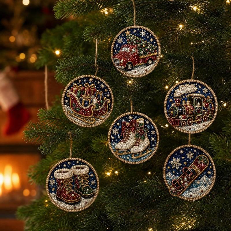 6PCS Christmas Wooden Ornaments DIY Kit Unfinished Diamond Painting Beads for Tree Hanging Holiday Home Craft Decor Supplies
