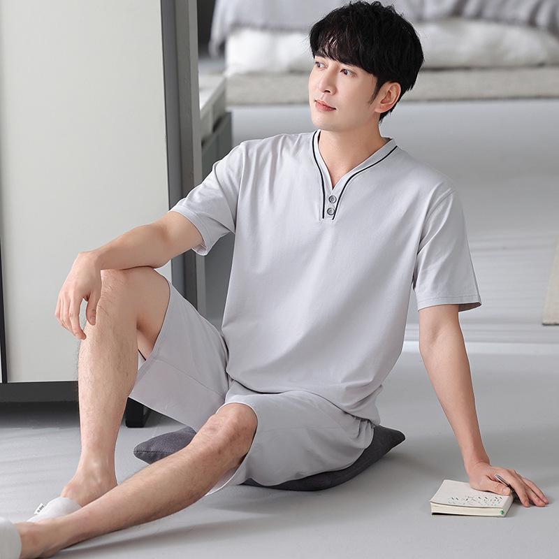 

Мужской летний модальный пижамный комплект - V-образный вырез, комбинация с коротким рукавом и шортами, носить дома или на улице XL