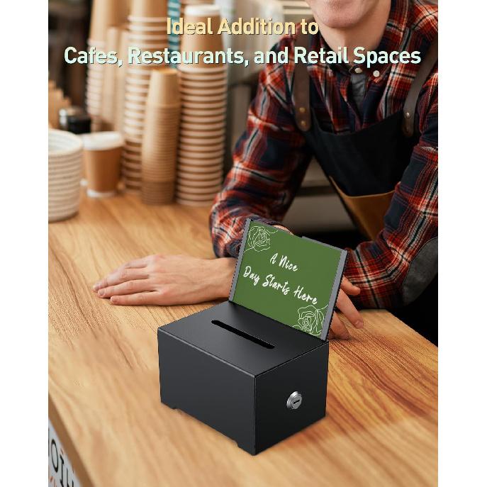 Uniclife Metal Donation Box for Fundraising, Suggestion Box with Slot and Lock, Black Ballot Boxes with Sign Holder, Storage Container for Voting