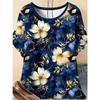 Crew Neck Pleated Neckline Short-sleeved T-shirt Watercolor Large Flower Full Print Light Beach Vacation Loose Meat Cover Top Women