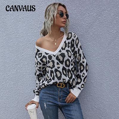 Maglione da donna autunno e inverno manica lunga scollo a V stampa leopardata maglione lavorato a maglia con fondo interno