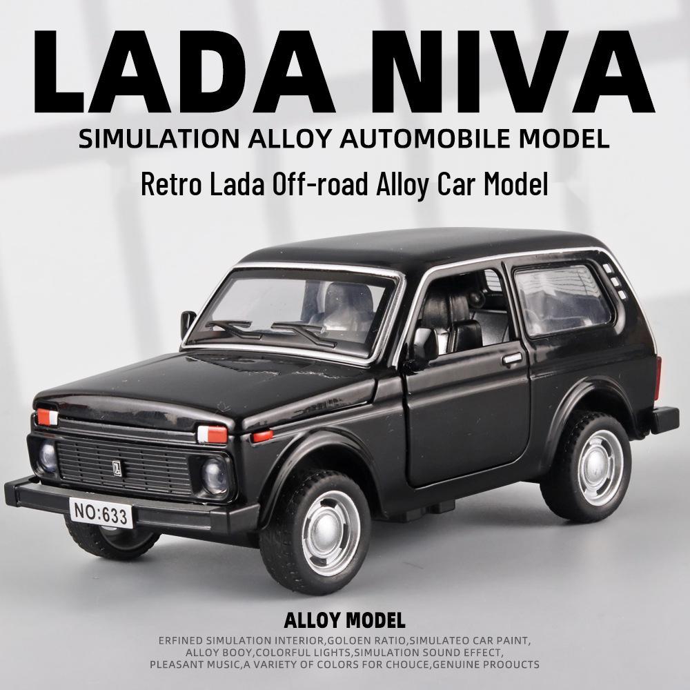 Boxed 1:32 Lada Jeep Alloy Car Model Toy with Pull-Back, Sound, and Light.