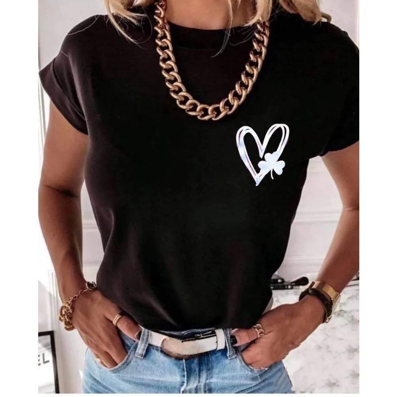 Καλοκαιρινή Γυναικεία Μπλούζα T-shirt με Στρογγυλή Λαιμόκοψη, Τυπωμένη με Σχέδιο 'Love Clover Smiling Face', Μοντέρνα, Casual, Καθαρό Βαμβάκι, Κοντομάνικη