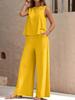 Versatile Two-Piece Set: Round Neck Sleeveless Top & Wide-Leg Pants - Casual Solid Color Ensemble