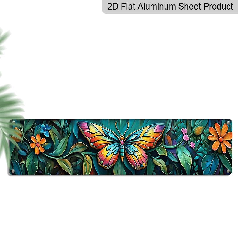 

2D Flat 1pc 4x16 Inch Aluminum Metal Wall Art Sign - Vibrant Butterfly & Floral Design with Antennae, 2D Flat Print Home Decor for Living Room 40cm x 10cm