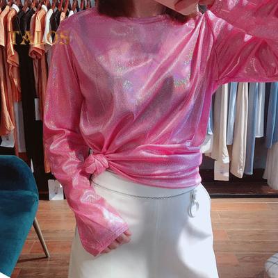 Camiseta holgada para mujer, cuello redondo, manga larga, camiseta reflectante brillante, top con lentejuelas adornadas