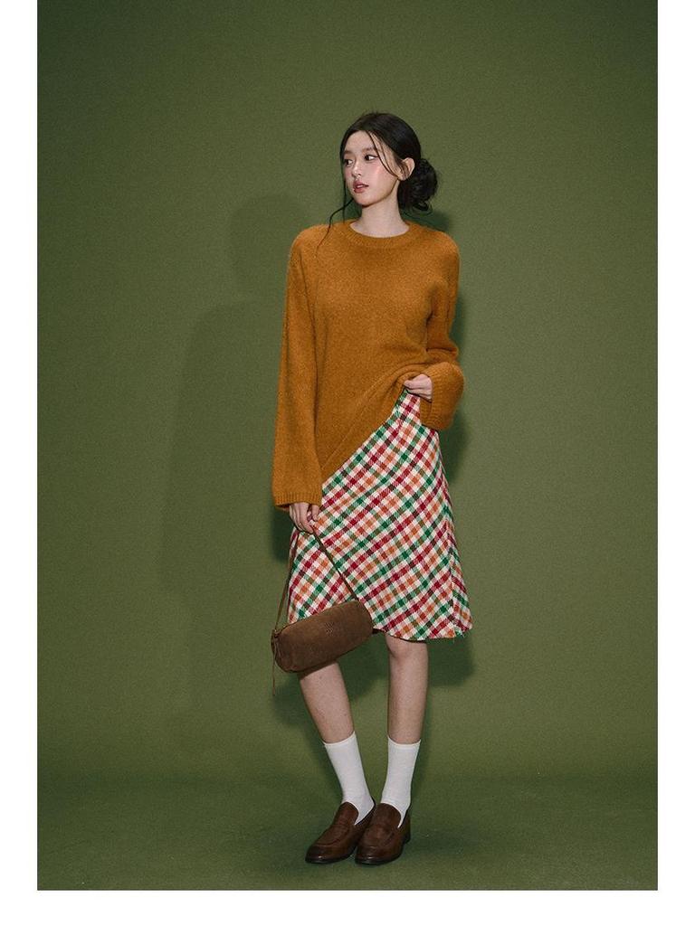 Retro Colorful High-Waist Plaid Midi Skirt for Women - Spring/Fall/Winter 2026 Fashion, Slimming & Hip Covering Design