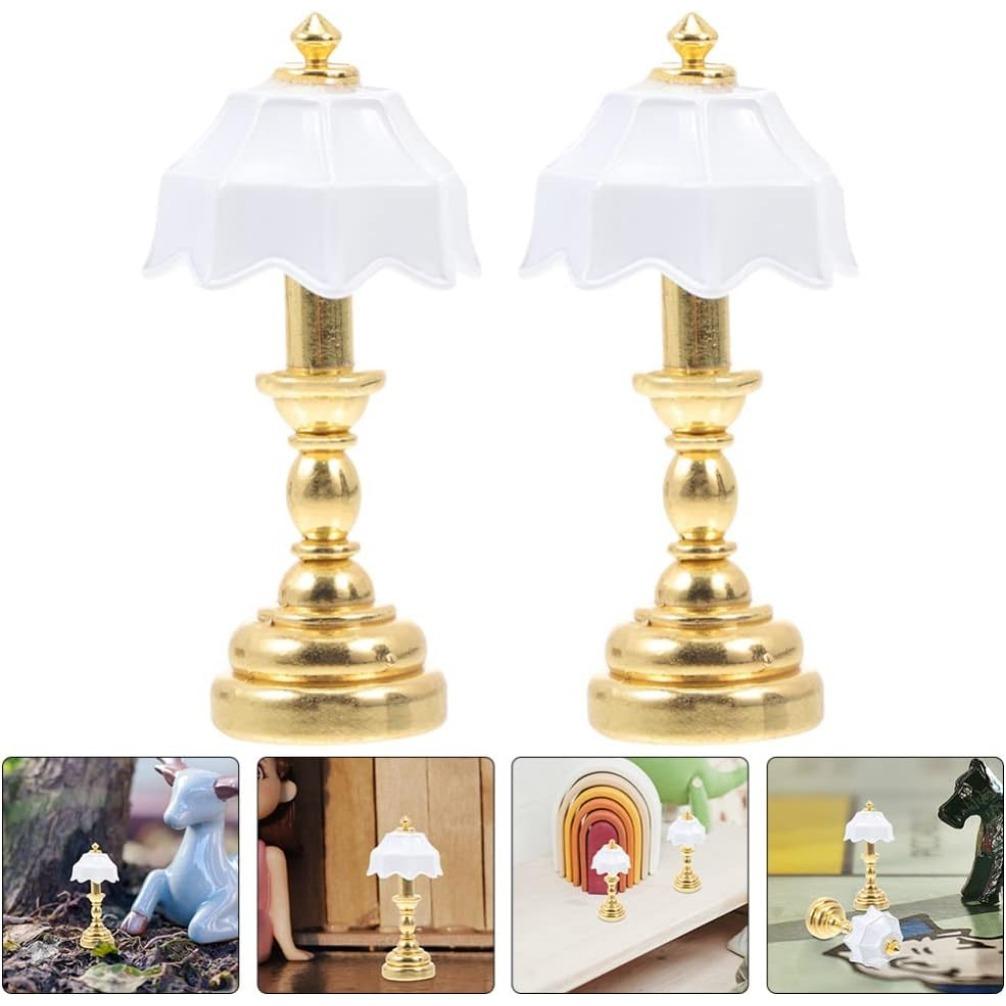 Miniature Dollhouse Table Lamp LED Desk Model Mini Light Decoration Children's Toy Dollhouse Play Accessories for Mini House Bedroom Pack of 2