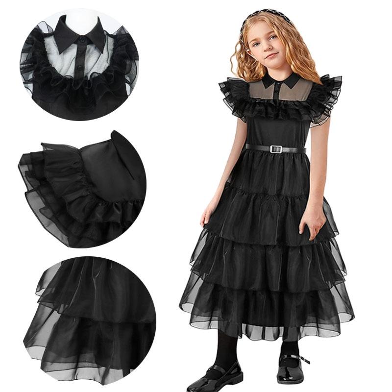 Wednesday Addams Kids Dress Cosplay Costume Party A-shaped Tiered Skirt