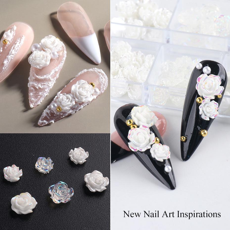 6 Grid Camellia Flower Nail Ornament 3D Rose Solid White Jade Aurora Resin Flower Box Size Mixed