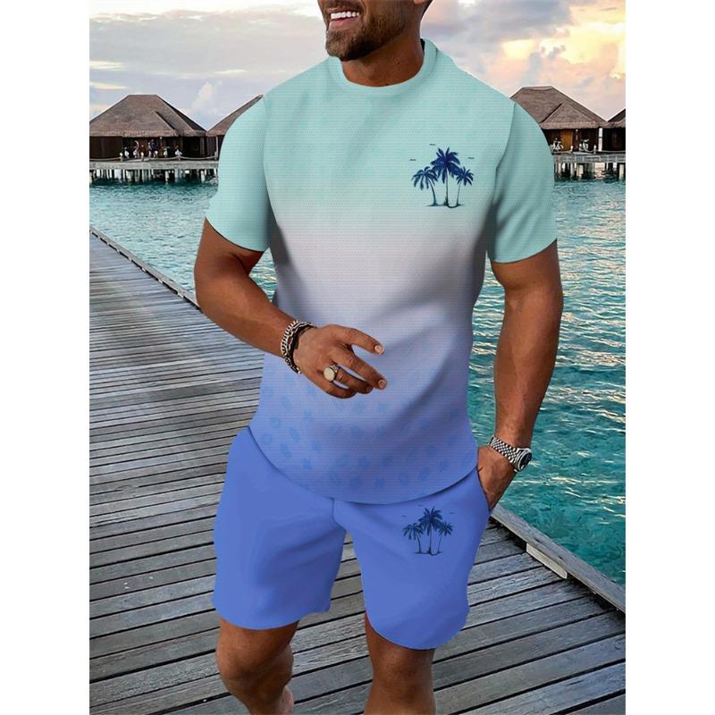 New Men's Hawaiian Two-Piece Set Beach Coconut Tree Print Crew Neck