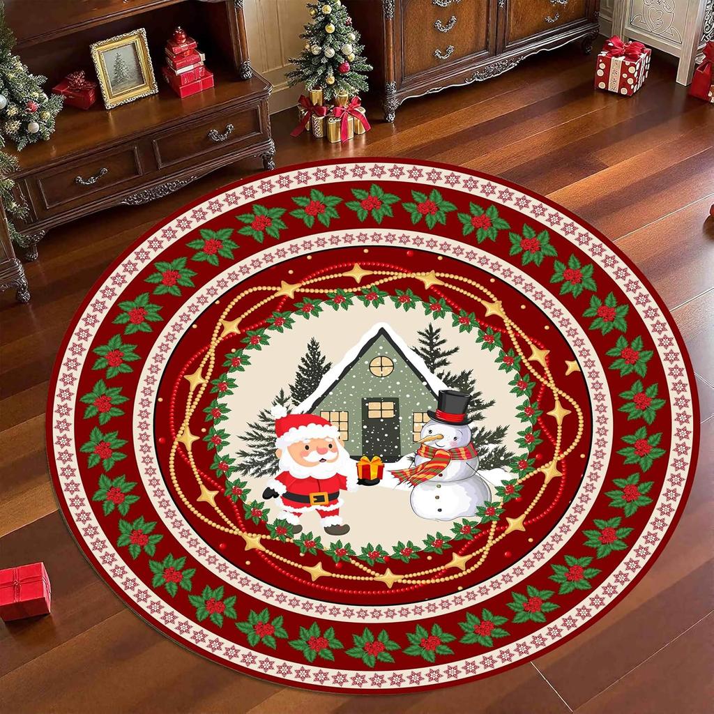 Festive Luxury Round Carpet Christmas Reindeer Area Rug Anti Slip Vintage Medallion Pattern Living Room Bedside Floor Mat