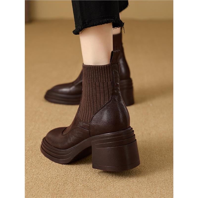 Matte leather thick heel high heel short boots women's thin boots autumn and winter new small thick bottom elastic socks boots