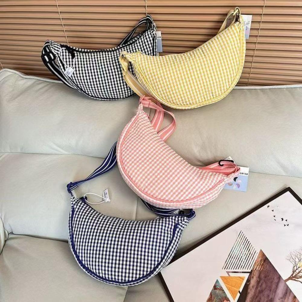 Adjustable Strap Plaid Shoulder Bag Versatile Dumpling Bag Sweet Nylon Crossbody Bag  Ladies/Girls
