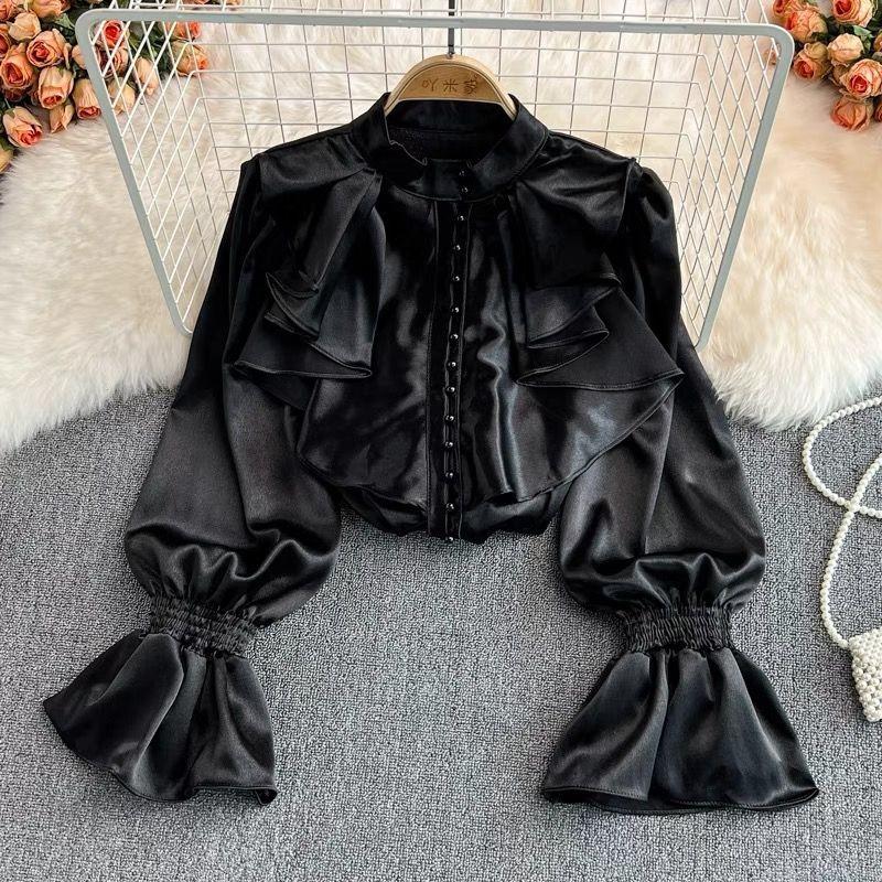 Vintage Solid Blouses Women Elegant Acetate Satin Stand Collar Flare Sleeve Design New Chic Sweet Loose Ruffles Female  Tops