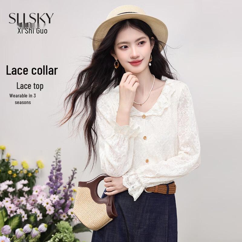 SLLSKY Women s Ruffled Lace Long-Sleeve Top L
