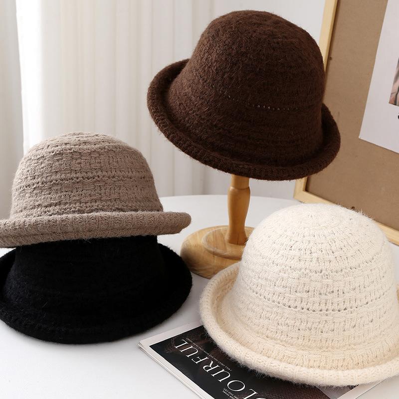 Solid color wool knitted bucket hat women's winter warm crimped hat versatile basin hat solid color bucket hat tide