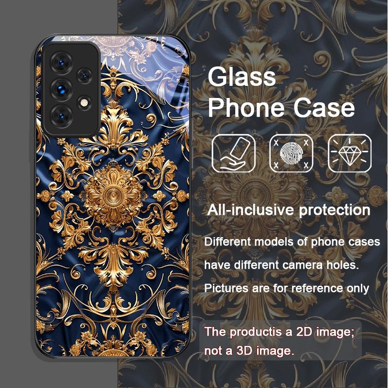 Golden Vintage Embossed Tempered Glass Phone Case for Samsung Galaxy A06 A17 A55 A54 A53 A52 A36 A14 A31 5G Floral Pattern Cover