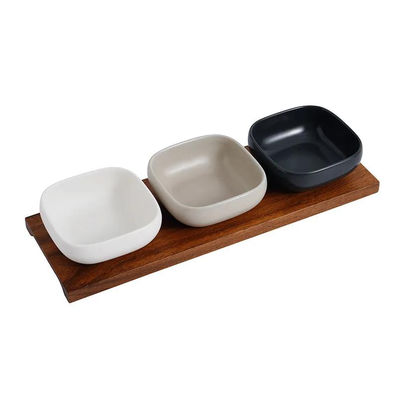 Nordic Simple Ceramic Snack Bowl 1-Piece Set Acacia Wood Tray Square Condiment Dish Set Household Kitchen Divided Sauce Dish