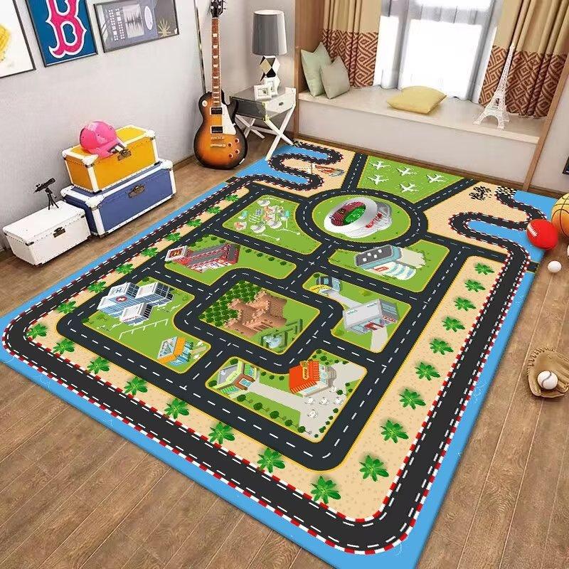 Waschbarer Frühbildungs-Teppich für Kinderzimmer Weiche Stoff-Spielmatte mit Verkehrswegen Puzzle-Design